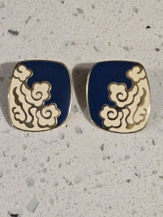 Jewelry - Vintage Blue and Cream Goldtone Enamel Statement Earrings